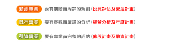 永譽企管顧問將企業分為新創、既存、引資三種事業別，並依不同事業別採取投資評估、營運計畫、經營分析、年度計畫、募股計畫、融資計畫等不同需求規劃。